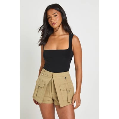 boohoo Dames Petite Dubbele Laag Slinky Vierkante Hals Mouwloze Body | Zwart | Maat: 36