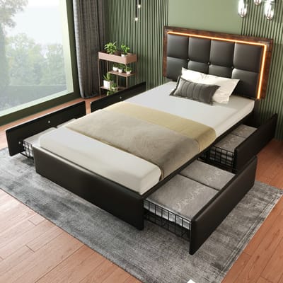 VVBV Opbergbed Gestoffeerd 90x200 cm - 4 Lades, LED-Verlichting, Verstelbaar Hoofdbord - PU-leer Zwart - Zonder Matras