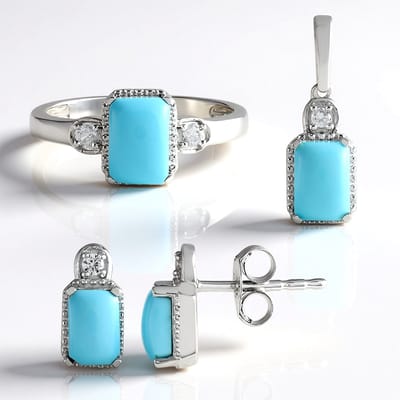 Cavill - 925 Sterling Zilver Ring met Platina Laag - 3 15 ct Sleeping Beauty Turkoois - Achthoekige Cabochons - Luxe Damesring