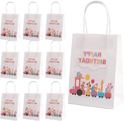 10 Stuks Verjaardagstasjes voor Kinderen met Jungle Dieren Thema - Kraft Papier, 15x21x8cm, Handige Goodie Bags voor Feestjes en Cadeaus, Roze