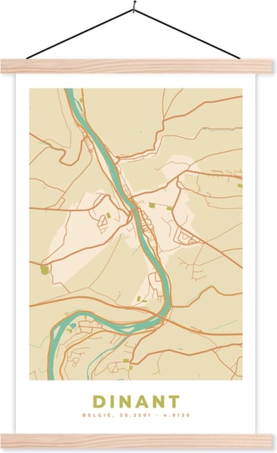 Posterhanger incl. Poster 40x60 cm - Schoolplaat - Kaart - Stadskaart - Plattegrond - Retro - Dinant - Textielposter - Blanke latten - Stadskaart