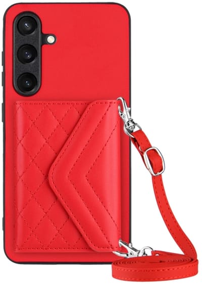 Voor Samsung Galaxy S24+ 5G ruitvormige textuur kaarttas RFID telefoonhoes met lang koord (rood)