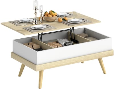 Solvix Salontafel – Salontafels – Bijzettafel – Salontafel met Lade – Opklapbaar Tafelblad – 3 Verborgen Opbergvakken – Houten Poten – 100×79×54 cm – Naturel/Wit