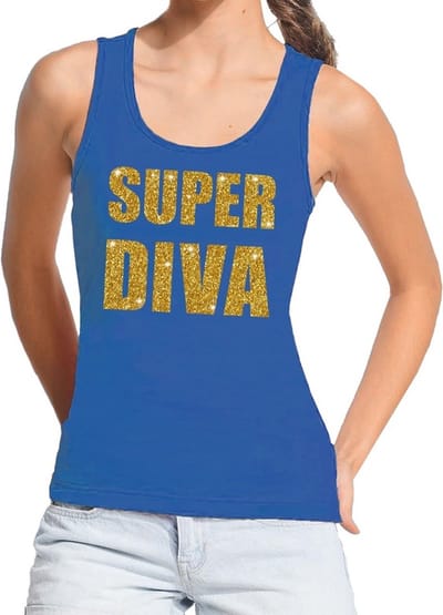 Super Diva tanktop / mouwloos t-shirt - blauw - dames - gouden glitter letters - Glamour Party kleding - Foute Party S