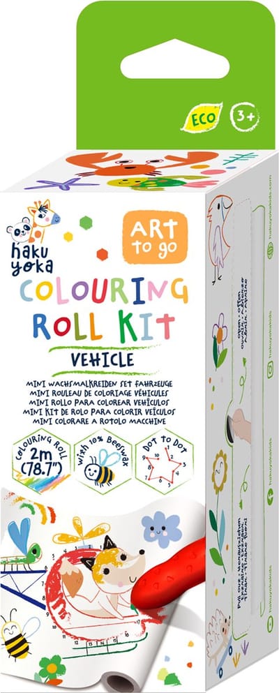 Haku Yoka: MINI KLEURROL KIT / VOERTUIGEN 12x200cm, inclusief 4 krijtjes en punten verbinden, afscheurbaar, in bijenwas (10%), in doos 6,2x6,2x19,6cm, 3+