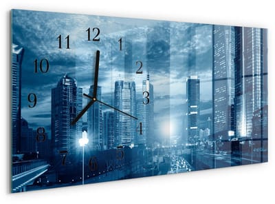 Tulup Wandklok - Stad 's nachts Moderne Wandklok Glas - 60x30 cm - Blauw Wandklok Glas Decoratie - Zwarte Handen - Rechthoekige Wandklok - Gekleurde Glazen Klok - Glazen Klok Met Print