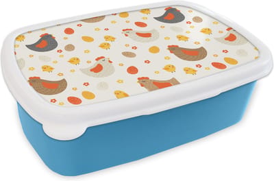 Broodtrommel Blauw - Lunchbox - Brooddoos - Kip - Eieren - Patroon - 18x12x6 cm - Kinderen - Jongen