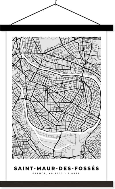 Posterhanger incl. Poster 40x60 cm - Schoolplaat - Frankrijk - Plattegrond - Kaart - Saint-Maur-des-Fossés - Stadskaart - Textielposter - Zwarte latten - Stadskaart