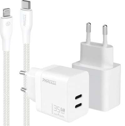 Phreeze usb C oplader met kabel geschikt voor iPhone en iPad met Lightning kabel - Power Delivery snellader met 2 usb C poorten - GaN charger