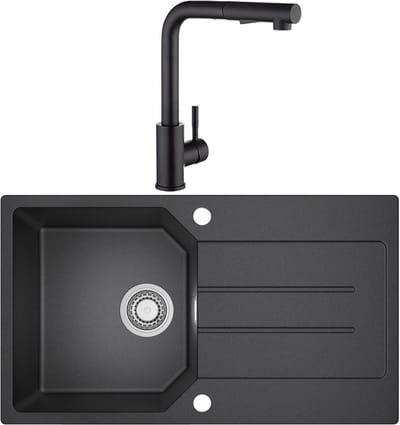 ANYCEE MAX Granieten Spoelbakken 78 x 45 cm - Spoelbakken Keuken Met Keukenkraan - 1 Gootsteen Zwart Granieten - Spoelbak Keuken Met Snijplank en Waterafvoersysteem - Zwart