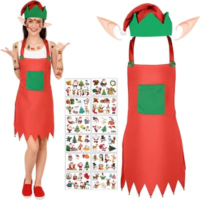 15-delige Kerstkostuumset met Santa Hoed, Elf en 12 Tattoo Stickers voor Feestdagen en Carnaval