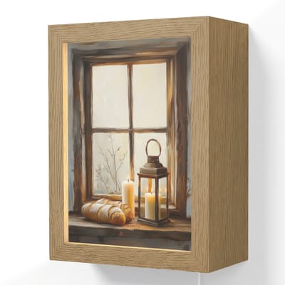 Wandlamp 15x20 cm - Oplaadbaar - Stilleven - Rustiek - Kaarsen - Broden - Raam - Wandlampen binnen woonkamer - Slaapkamer lamp met kabel - Decoratieve nachtlamp - Vloerlamp snoer