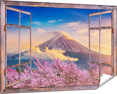 Gards Tuinposter Doorkijk Fuji Berg met Roze Bloesembomen - Bloemen - 150x100 cm - Tuindoek - Tuindecoratie - Wanddecoratie buiten - Tuinschilderij