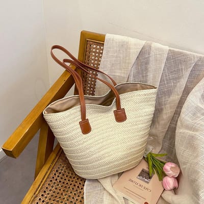 Nieuwe Veelzijdige Eenvoudige en Modieuze Stro Geweven Tas Grote Capaciteit Schoudertas Handtas Retro Strandtas Dames Tas Breien brown