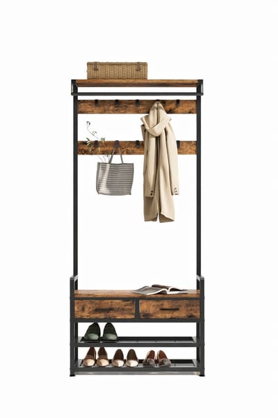 Sello! kapstok met schoenenbank – multifunctioneel – staand – schoenenrek– lades –zitfunctie tot 100kg – 182x81cm – hout – zwart