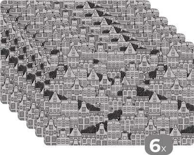 Placemat - Placemats kunststof - Amsterdam - Grachtenpand - Zentangle - 45x30 cm - 6 stuks - Hittebestendig - Anti-Slip - Onderlegger - Afneembaar