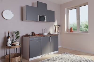 Goedkope keuken 150  cm - complete kleine keuken met apparatuur Luis - Wit/Grijs - keramische kookplaat  - koelkast        - magnetron - mini keuken - compacte keuken - keukenblok met apparatuur