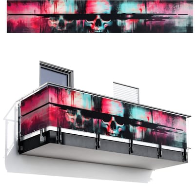 Balkonscherm 500x85 cm - Balkonposter Schedels - Glitch - Cyberpunk - Balkon scherm decoratie - Balkonschermen - Balkondoek zonnescherm