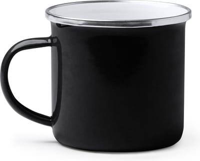 Retro-stijl geëmailleerde metalen mok - Zwart. Inhoud van 380 ml.