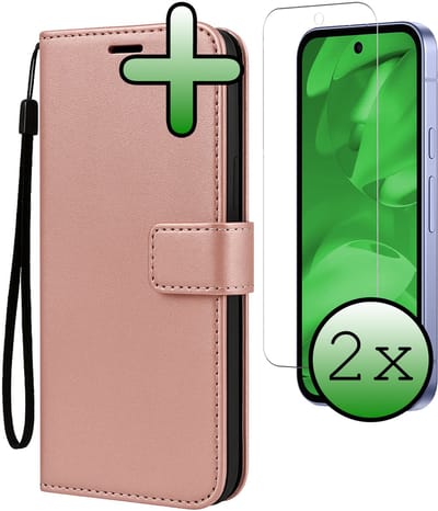 Hoesje Met 2x Screenprotector - Geschikt voor Google Pixel 9a - Luxe Pasjeshouder - Bookcase Portemonee - Flip Case - Kunstleer Book Case - Flipcase Hoes - Book Cover - Walletcase - Portemonneehoes - Rosé goud