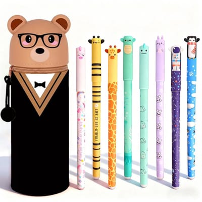 Namajunas - Uitwisbare pennen 8 kleuren - Gelpennen met siliconen etui - Beer Pennenzak - 0,6 mm Cartoon Patroon Dierenpen voor Schoolspullen van Kinderen of Kantoorbenodigdheden voor Volwassenen - Cadeauset