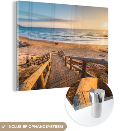 MuchoWow® Glasschilderij 160x120 cm - Schilderij acrylglas - Strand - Trap - Portugal - Foto op glas - Muurdecoratie woonkamer - Wanddecoratie slaapkamer - Schilderijen