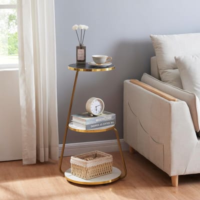 Moderne bijzettafel met 3 niveaus - Salontafel marmer look wit en zwart