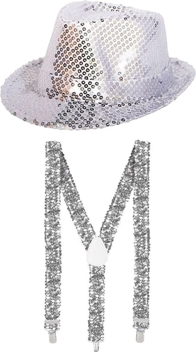 Faram Verkleedkleding set zilveren hoed en bretels glitter volwassenen