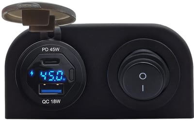 ProRide 12V USB/USB C Autolader 2 Poorten Opbouw met Wattagemeter - 45W/QC3.0 - Tweevoudig opbouw - Blauw