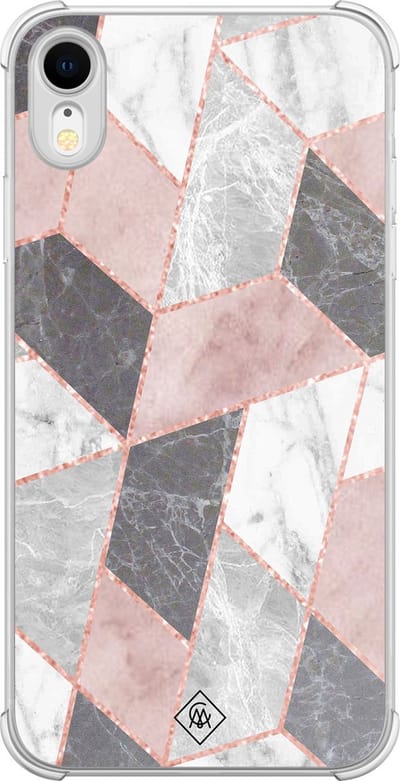 Casimoda® hoesje - Geschikt voor iPhone XR - Stone grid marmer / Abstract marble - Shockproof case - Extra sterk - TPU/polycarbonaat - Roze, Transparant