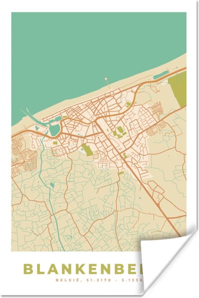 Poster Plattegrond - België - Kaart - Vintage - Blankenberge - Stadskaart - 120x180 cm XXL