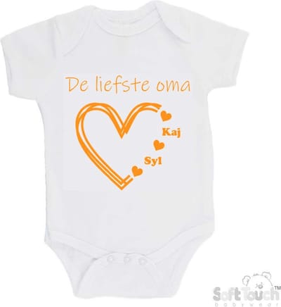 100% katoenen Romper "De liefste oma met de namen van 2 kleinkinderen" Unisex Katoen Wit/mosterd Maat 56/62