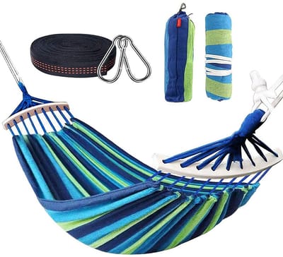 Hangmat, 280 x 150 cm, outdoor hangmatten, staafhangmat voor reizen, kamperen, wandelen, tuin, draagbaar en ademend, belastbaar tot 300 kg, blauwe strepen