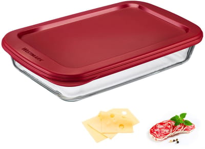 WestWestmark glazen schaal voor vleeswaren, inhoud: 1600 ml, borosilicaatglas, luchtdicht afsluitbaar, glas/kunststof, transparant/rood, 235622E1