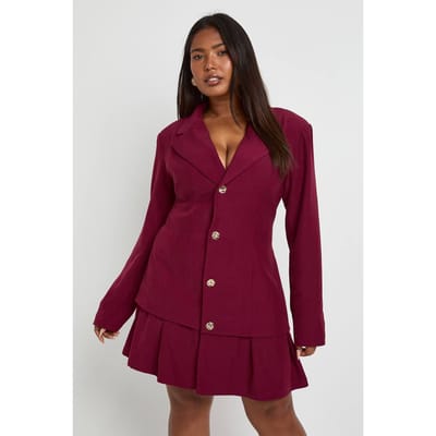 boohoo Dames Plus Blazerjurk met geplooide zoom | Bordeaux Rood | Maat: 44