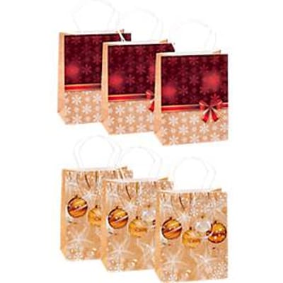 TSI-cadeauzakjesset serie 4, 3 x motief „Sneeuwvlokken en kerstballen“/3 x motief „Sneeuwvlokken met rode strik“, kraftpapier, in verschillende kleuren