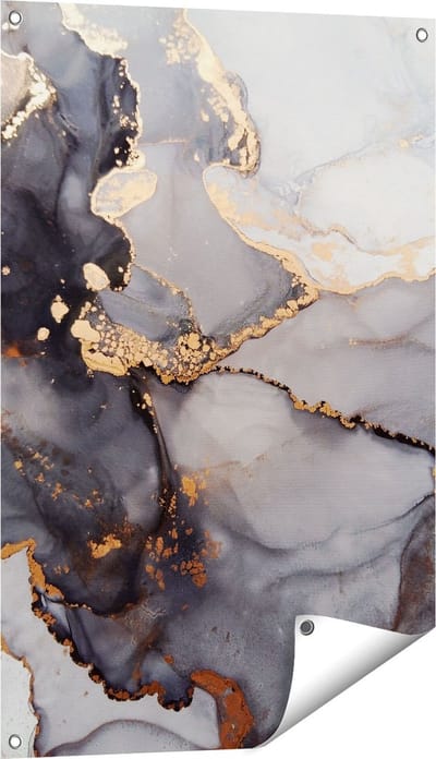 Gards Tuinposter Abstracte Kunst - Grijze Marmer met Goud - 60x90 cm - Tuindoek - Tuindecoratie - Wanddecoratie buiten - Tuinschilderij
