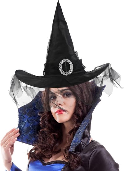 SnelShoppen - Halloween Heksen/Wizard Hoed met Voile - Klassieke Halloween Hoed voor Feestkleding - Zwart, Duurzaam Polyester, Lichtgewicht, Perfect v