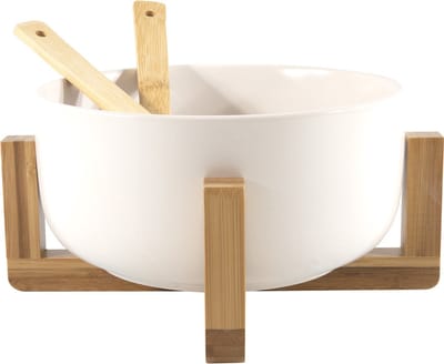 Secret de Gourmet - Saladeschaal/kom op standaard - Met couvert - Bamboe/keramiek - Wit - D21 x H10 cm