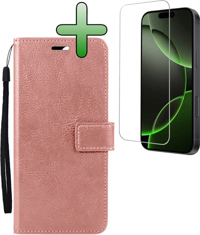 Hoesje Met Screenprotector - Geschikt voor Apple iPhone 16 Pro - Luxe Pasjeshouder - Bookcase Portemonee - Flip Case - Kunstleer Book Case - Flipcase - Book Cover - Walletcase - Portemonneehoes - Rosé goud