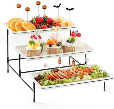 3-Lagen Dienblad voor Feestspullen, 30x17cm Plastic Serveerschaal met Zwarte Metalen Standaard voor Groente, Fruit, Koekjes, Dessert - Wit