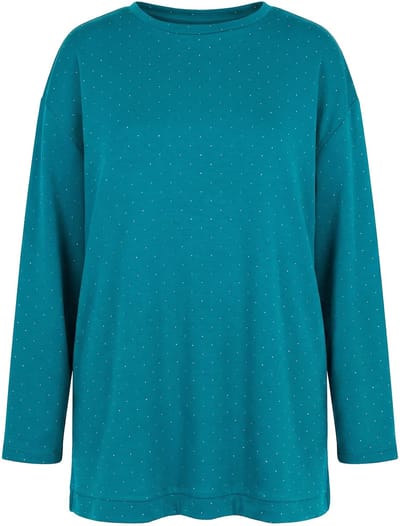 MIAMODA - Dames - Sweatshirt Boxy Fit scuba-sweatstof glittersteentjes - Groenblauw - Maat 44