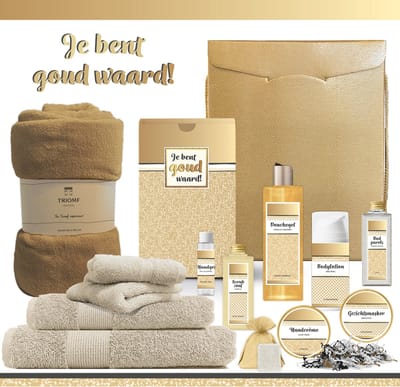 Geschenkset “Je bent goud waard!” - 13 producten - 1772 gram | Cadeau Vrouw - Luxe Cadeaubox voor haar - Giftset Vriendin - Moeder - Cadeaupakket Collega - Cadeau Verjaardag - Moederdag - Gift Werknemer - Kerstpakket Baas - Kerst Cadeau Goud