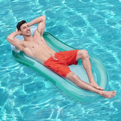 Set van 1 stuk - Waterhangmat - Opblaasbare drijfmat voor in het zwembad - Opblaasbare ligmat - Opblaasbare drijfmat voor op vakantie - Met hoofdsteun - Geschikt voor zomerfeesten, strand en andere wateractiviteiten - 150*75 cm - Transparant groen