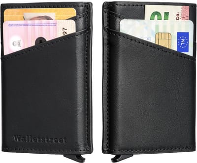 Walletstreet Uitschuifbare Pasjeshouder - Walletstreet Lederen Creditcardhouder Card Protector Anti-Skim/ RFID Card Protector 11 Pasjes – Zwart/Black