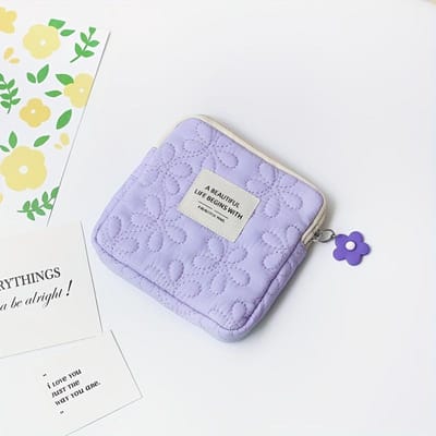 Pochette de Rangement Matelassée Légère Simple Carrée à Fleurs Matelassée | Organisateur pour Serviettes Hygiéniques à Fermeture Éclair violet