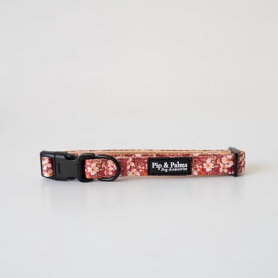 Pip & Palms - Honden Halsband Fallen Flowers - Rood - Maat XS (22–30 cm) - 1,5cm breed - Comfortabel & Stijlvol - Hondenhalsband - voor Kleine honden