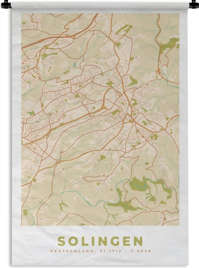 Wandkleed - Wanddoek - Plattegrond - Solingen - Vintage - Stadskaart - Kaart - 120x180 cm - Wandtapijt