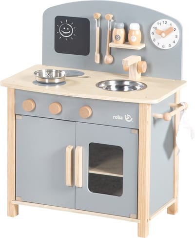 roba Speelkeuken Grijs/Naturel - Speelgoedkeukenblok - 2 Kookplaten, Spoelbak, Kraan & Accessoires