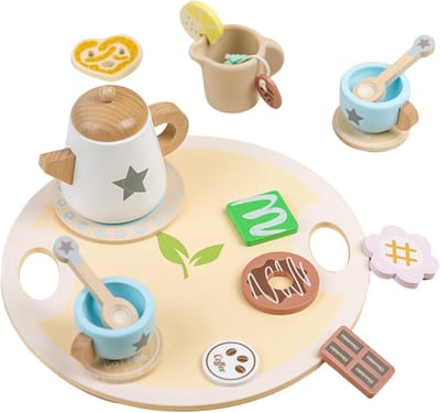 Kindertheeservies Houten - Speelgoed Keukenset - Fantasie Spel - 18 Delig Compleet - 23 cm Dienblad